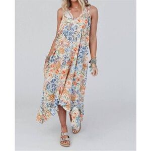 Three Bird Nest Ellie Ruffle Midi Dress Floral Print Large Pockets NWT